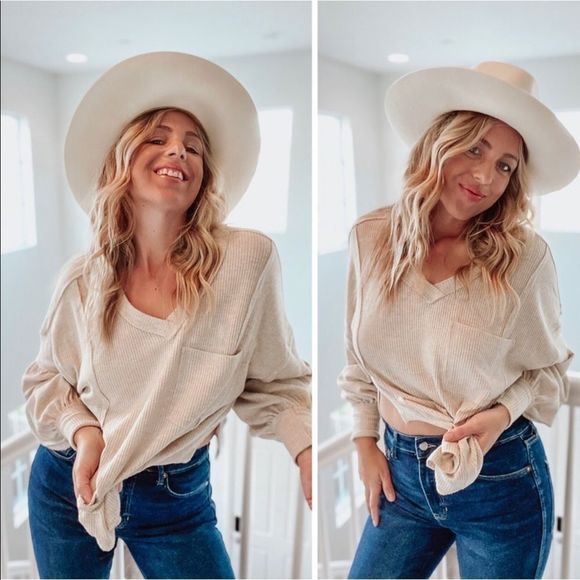 New Draping Ribbed Beige Bell Sleeve Henley Shirt Small - Picture 6 of 16